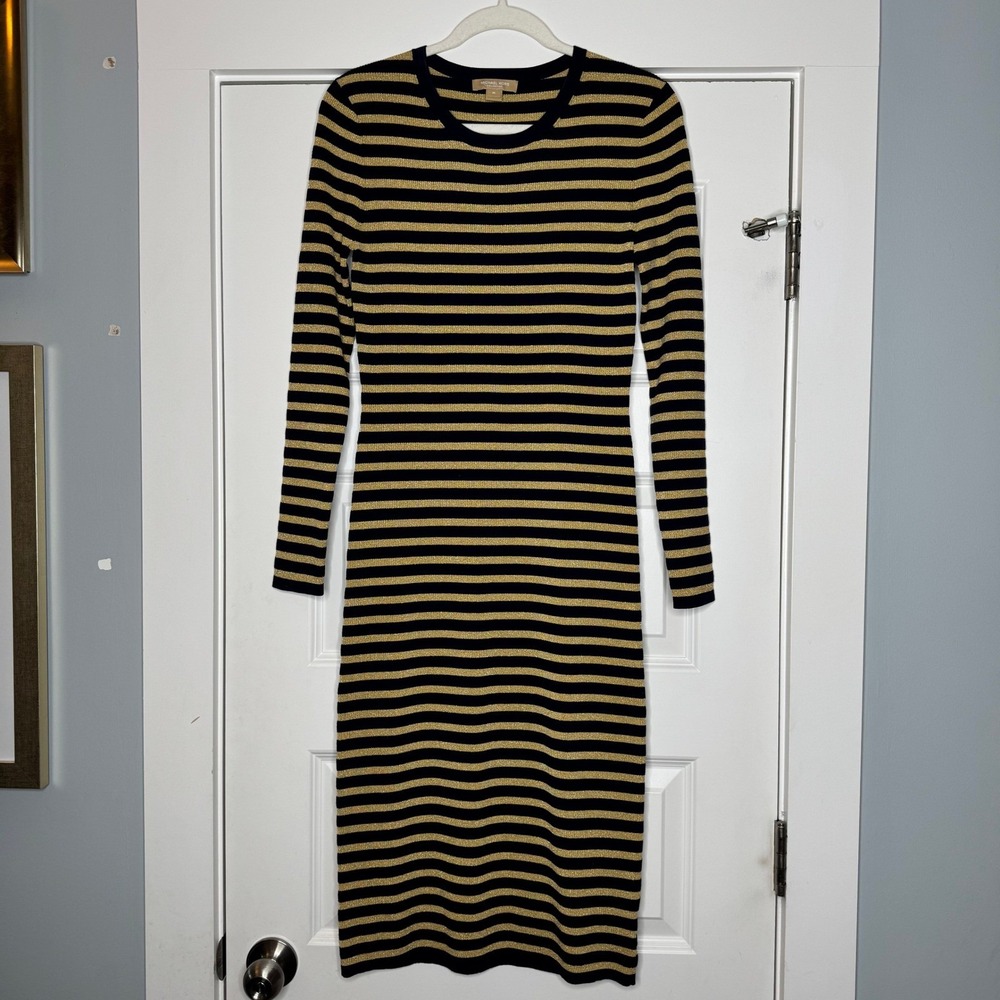 Michael Kors Collection Italy Navy Gold Metallic Stripe Knit Midi Dress Size M - Picture 1 of 8